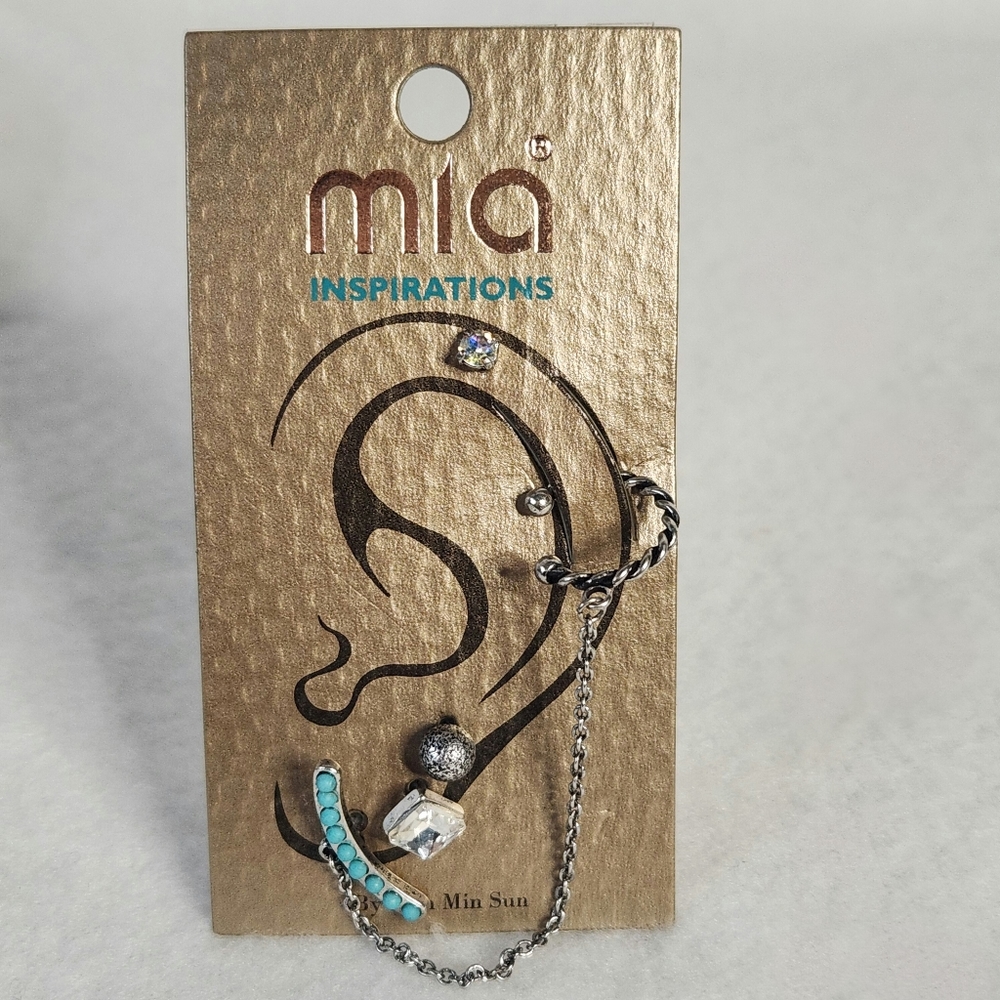 Mia Inspirations Single Ear Cuff Burnished Silver Rhinestone Pierced Ear Jewelry